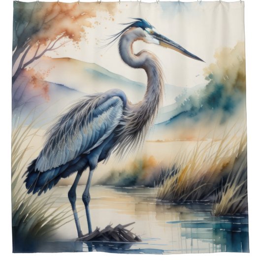 Waterverf Schilderij van Grote Blauwe Heron Douchegordijn (Voorkant)