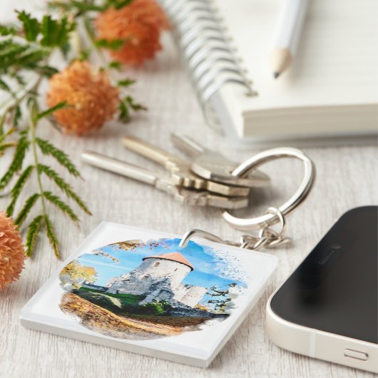 Waterverf schilderij van het middeleeuws kasteel i sleutelhanger (Voorkant Rechts)