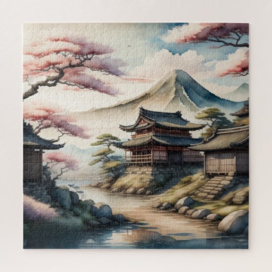 Waterverf Schilderij van het oude Japanse dorp Legpuzzel (Verticaal)
