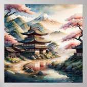 Waterverf Schilderij van het oude Japanse dorp Poster (Voorkant)