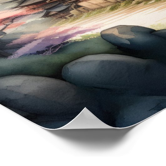 Waterverf Schilderij van het oude Japanse dorp Poster (Hoek)