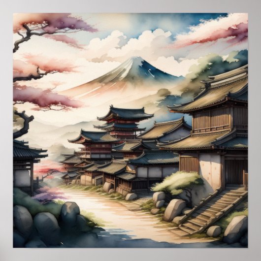 Waterverf Schilderij van het oude Japanse dorp Poster (Voorkant)