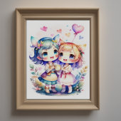 Waterverf Schilderij van Kawaii Chibi 2 Vrouw Poster
