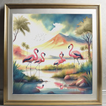 Waterverf Schilderij van Kudde van Flamingo's 1:1
