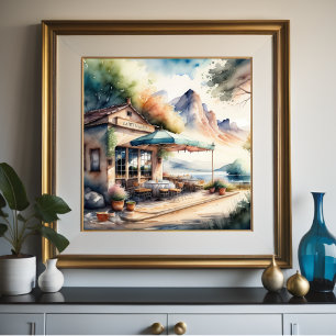 Waterverf Schilderij van Landelijk Europees Café Poster