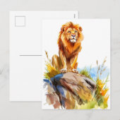 Waterverf schilderij van leeuw zittend op een rots feestdagenkaart (Voorkant / Achterkant)