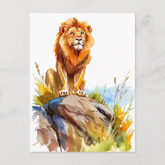 Waterverf schilderij van leeuw zittend op een rots feestdagenkaart (Voorkant)