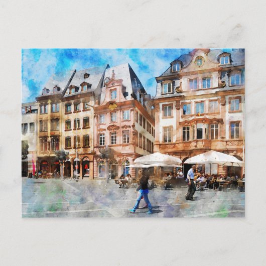 Waterverf schilderij van Marktkraag in Mainz. Briefkaart (Voorkant)