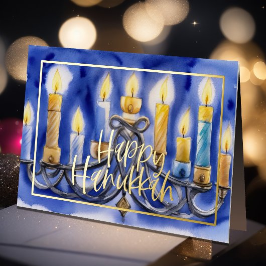 Waterverf Schilderij van Menorah Blue White Candle Folie Feestdagenkaart