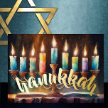 Waterverf schilderij van Menorah Kleurrijke kaarse Folie Feestdagenkaart<br><div class="desc">Waterverf schilderij van Menorah met kleurrijke kaarsen</div>