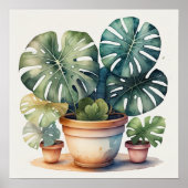 Waterverf Schilderij van Monstera in Pot Poster (Voorkant)