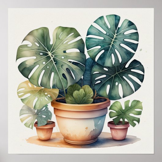Waterverf Schilderij van Monstera in Pot Poster (Voorkant)