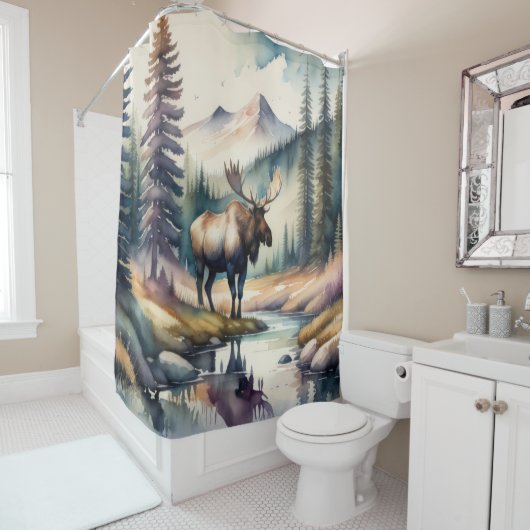 Waterverf Schilderij van Moose in Forest Douchegordijn (In situ)