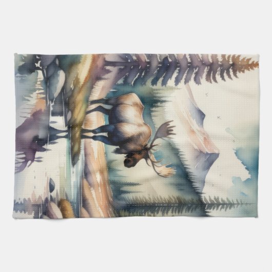 Waterverf Schilderij van Moose in Forest Theedoek (Horizontaal)