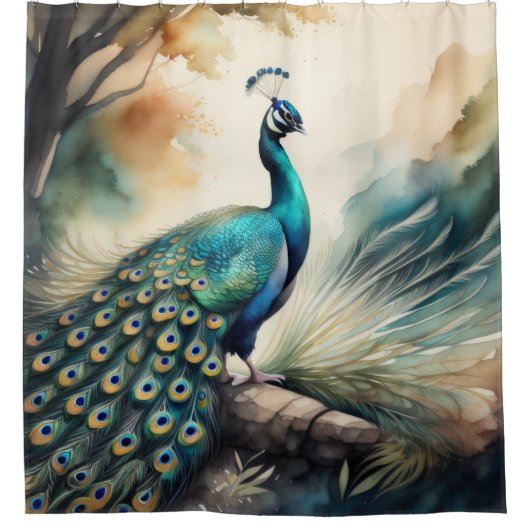 Waterverf Schilderij van Peacock Douchegordijn (Voorkant)