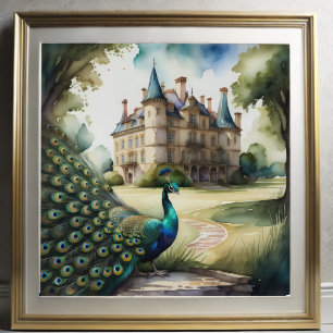 Waterverf Schilderij van Peacock en Chateau 1:1 Poster