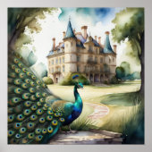 Waterverf Schilderij van Peacock en Chateau 1:1 Poster (Voorkant)