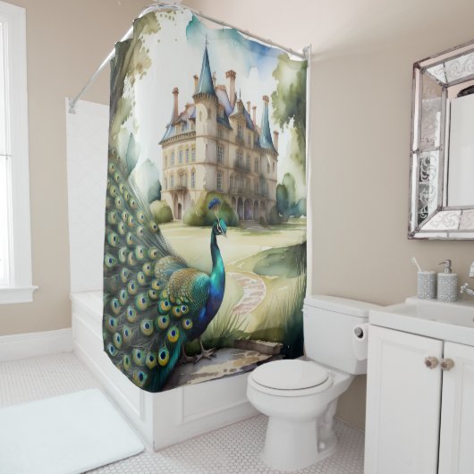 Waterverf Schilderij van Peacock en Chateau Douchegordijn (In situ)