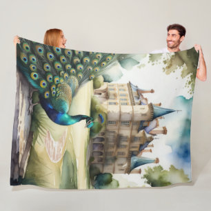 Waterverf Schilderij van Peacock en Chateau Fleece Deken