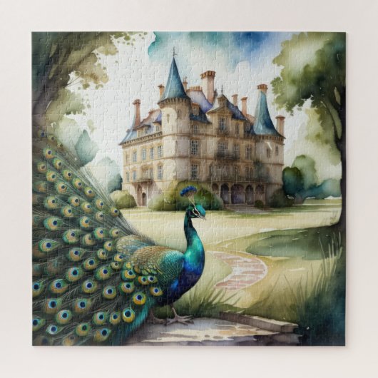 Waterverf Schilderij van Peacock en Chateau Legpuzzel (Verticaal)