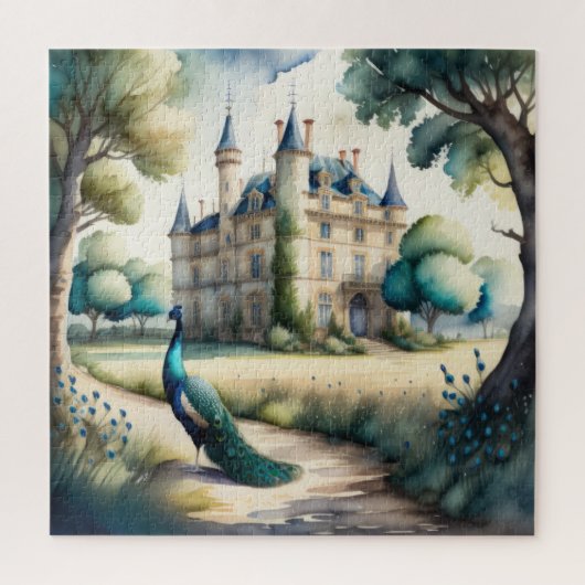 Waterverf Schilderij van Peacock en Chateau Legpuzzel (Verticaal)