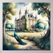 Waterverf Schilderij van Peacock en Chateau Poster (Voorkant)