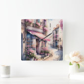 Waterverf Schilderij van Pink Flower Shop Paris Vierkante Klok (Huis)