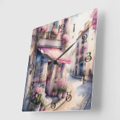 Waterverf Schilderij van Pink Flower Shop Paris Vierkante Klok (Hoek)