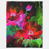 Waterverf Schilderij van Rode Bloemen op Zwart Fleece Deken (Voorkant)