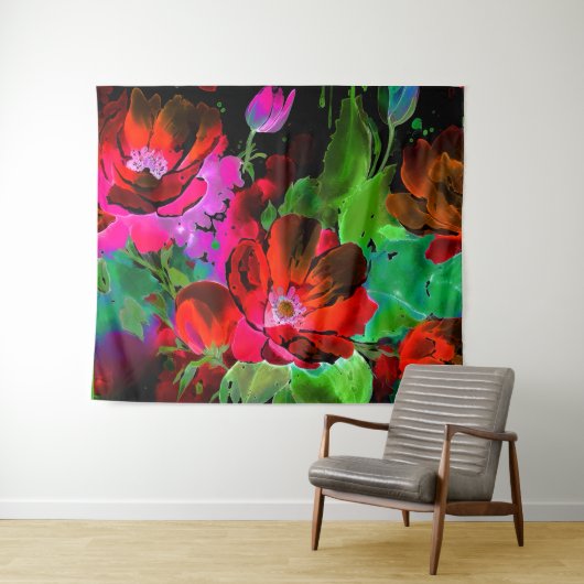 Waterverf Schilderij van Rode Bloemen op Zwart Wandkleed (In Situ (horizontaal))