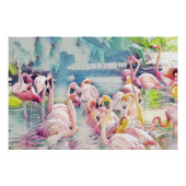 Waterverf Schilderij van Roze Flamingo's in het Wa Perfect Poster (Voorkant)