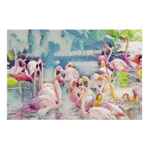 Waterverf Schilderij van Roze Flamingo's in het Wa Perfect Poster