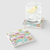 Waterverf schilderij van roze, gele, witte pansies stenen onderzetter (Zijkant)