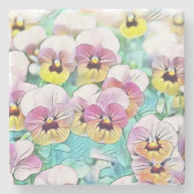 Waterverf schilderij van roze, gele, witte pansies