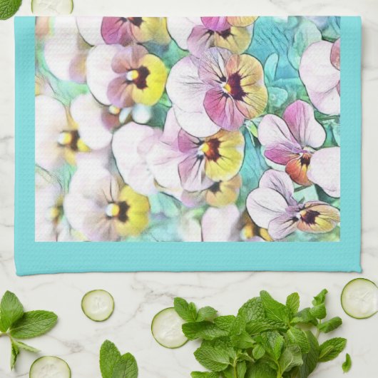 Waterverf schilderij van roze, gele, witte pansies theedoek (Gevouwen)