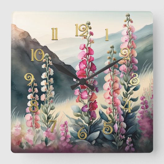 Waterverf Schilderij van Snapdragon Wall Clock Vierkante Klok (Voorkant)