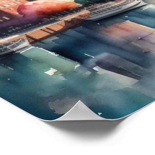 Waterverf Schilderij van Stad met Rivier Poster (Hoek)