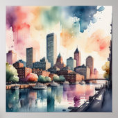 Waterverf Schilderij van Stad met Rivier Poster (Voorkant)