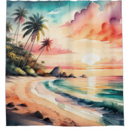 Waterverf Schilderij van Tropische Strand Zonsonde Douchegordijn