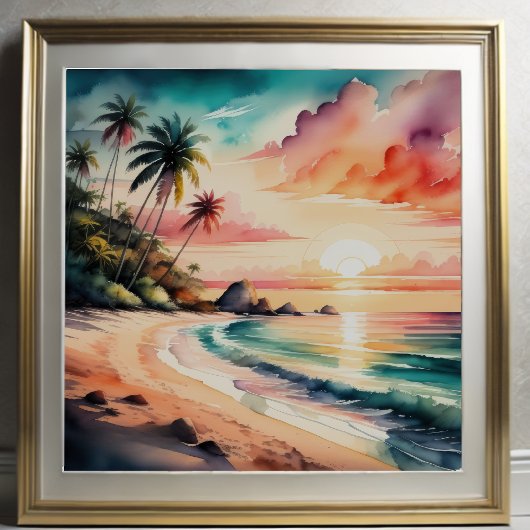 Waterverf Schilderij van Tropische Strand Zonsonde Poster