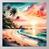 Waterverf Schilderij van Tropische Strand Zonsonde Poster (Voorkant)