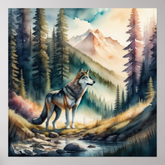 Waterverf Schilderij van Wolf in Bos 1:1 Poster (Voorkant)