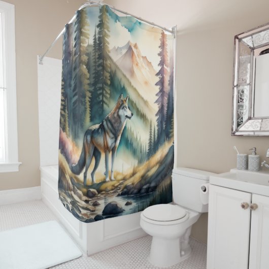 Waterverf Schilderij van Wolf in Vorst Douchegordijn (In situ)