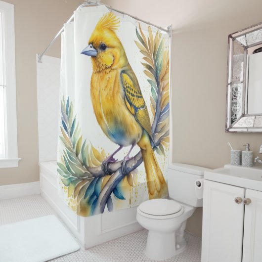 Waterverf Schilderij van Yellow Bird Douchegordijn (In situ)