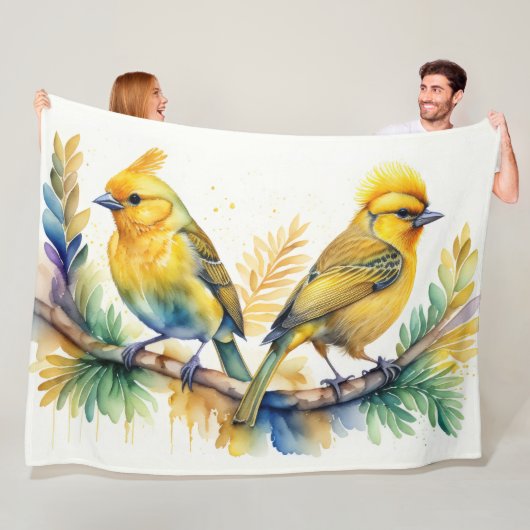 Waterverf Schilderij van Yellow Bird Fleece Deken (In situ)