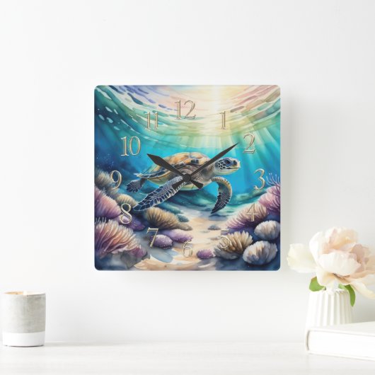 Waterverf Schilderij van Zee Turtle XIII Vierkante Klok (Huis)
