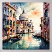 Waterverf schilderij Venetië stad scène gondel 1:1 Poster (Voorkant)
