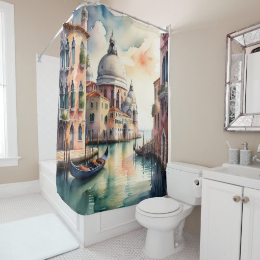 Waterverf Schilderij Venetië Stad Scène Gondola Douchegordijn (In situ)