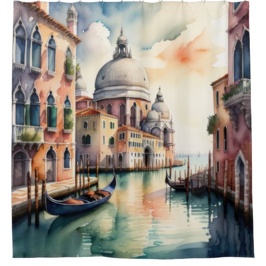 Waterverf Schilderij Venetië Stad Scène Gondola Douchegordijn (Voorkant)