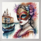 Waterverf Schilderij Vrouw Venetiaanse Masker III Poster (Voorkant)
